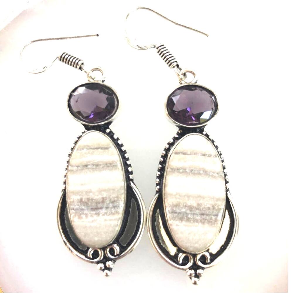 925 Sterling White Lace & Amethyst Dangle Earrings